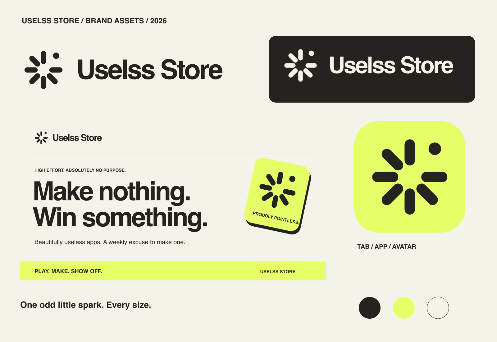 Uselss Store logo system in ink, cream and lime